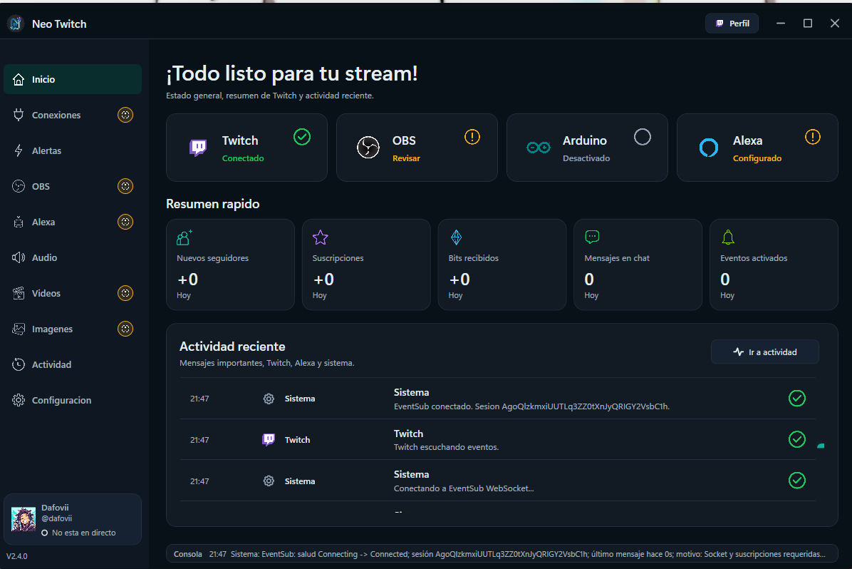 Captura del panel principal de NeoTwitch con estados de Twitch, OBS, Arduino y Alexa